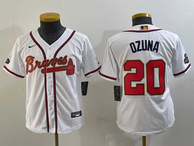 Youth Atlanta Braves #20 Marcell Ozuna White Gold World Series Champions Cool Base Stitched Jersey->mlb youth jerseys->MLB Jersey